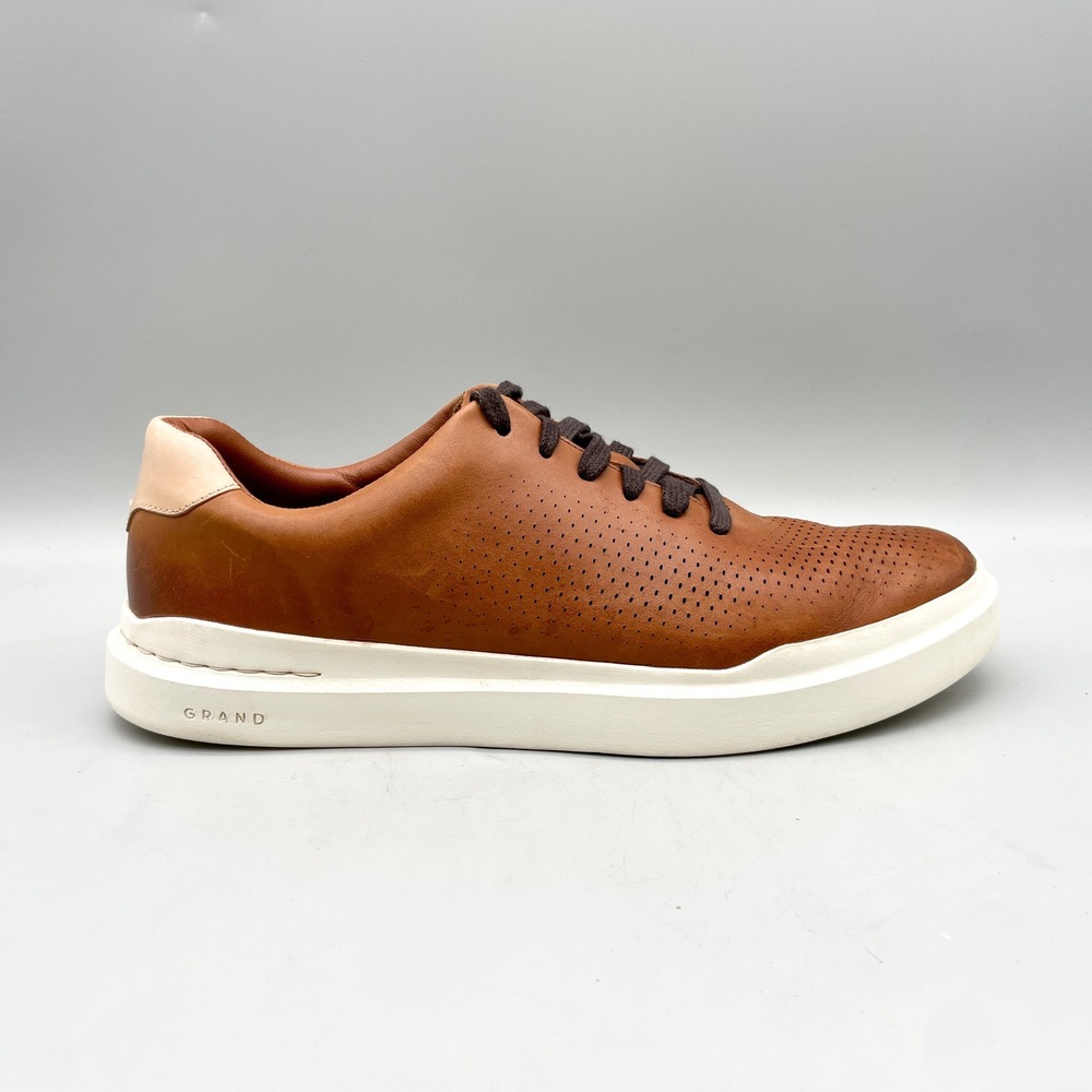 Cole Haan Mens 11M GrandPro Rally Laser Cut Sneakers British Tan Leather Preppy